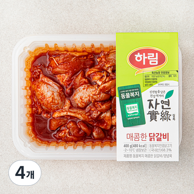 하림 동물복지 자연실록 매콤한 닭갈비, 400g, 4개