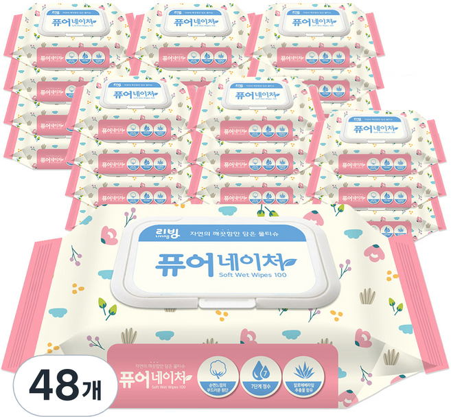 리빙티슈 퓨어네이쳐 물티슈 캡형, 100매, 48개