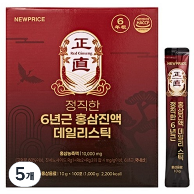 뉴프라이스 정직한 6년근 홍삼진액 데일리스틱, 100회분, 5개
