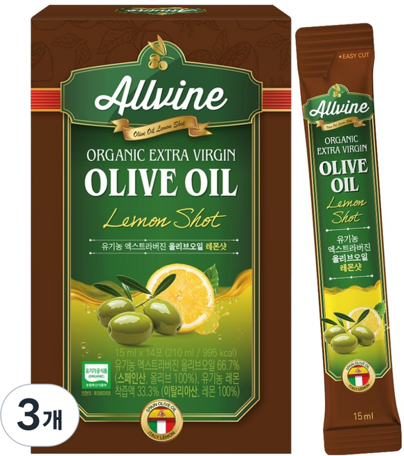올바인 올리브오일 레몬즙 올레샷 15ml 14포, 210ml, 3개