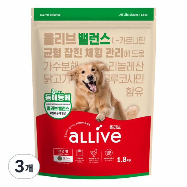 대주펫푸드 강아지 올리브 기능성 사료, 관절+장건강, 1.8kg, 3개