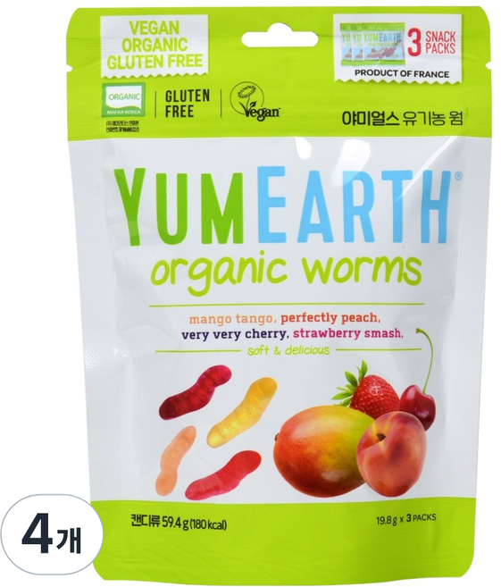 야미얼스 유기농 웜 젤리, 망고 + 복숭아 + 체리 + 딸기 혼합맛, 59.4g, 4개