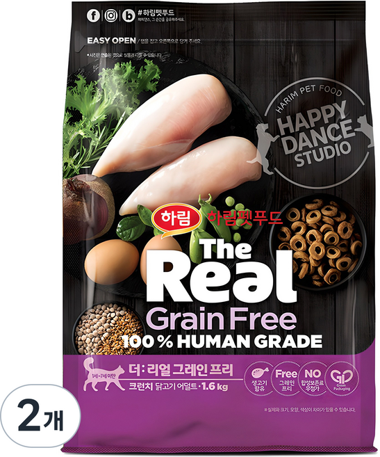 하림펫푸드 어덜트 더리얼 캣 그레인프리 크런치 건식사료, 닭, 1.6kg, 2개