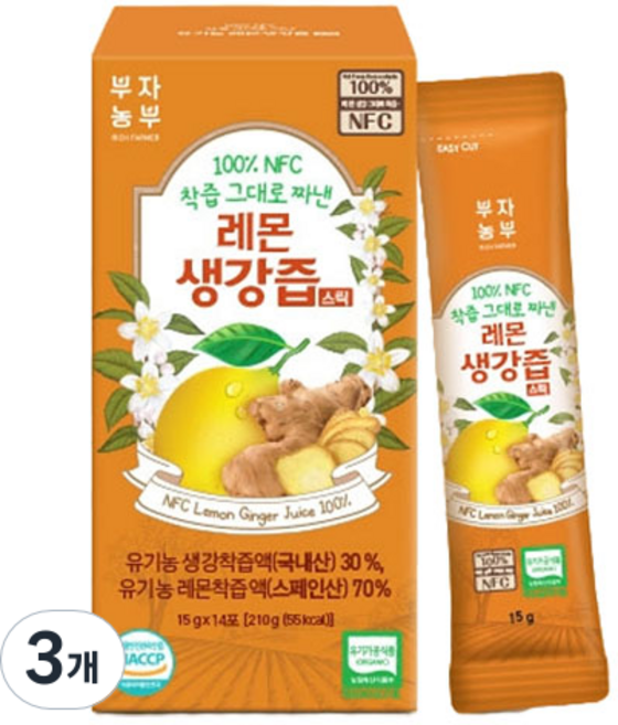 부자농부 NFC 착즙 그대로 짜낸 레몬 생강즙 스틱 14p, 210g, 3개