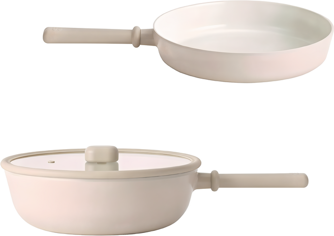 NEOFLAM 台灣原廠公司貨 經典ChouChou咻咻系列鑄造2鍋組, 奶茶色, 30公分炒鍋 + 玻璃蓋 + 28公分平底鍋, 1組