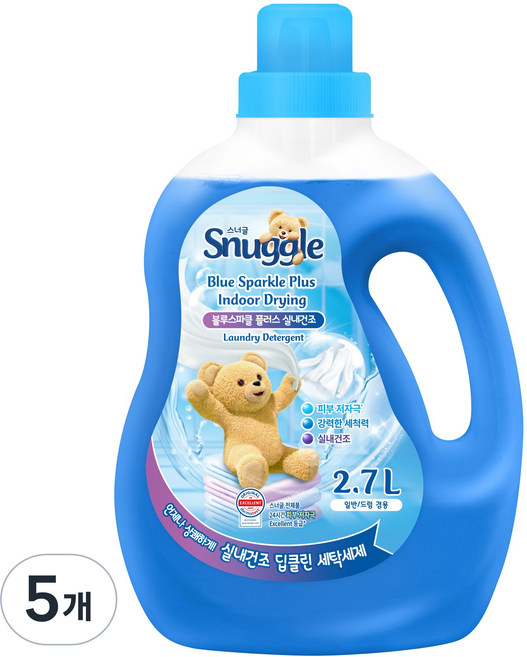 스너글 블루스파클 플러스 실내건조 액상세탁세제 본품, 2.7L, 5개