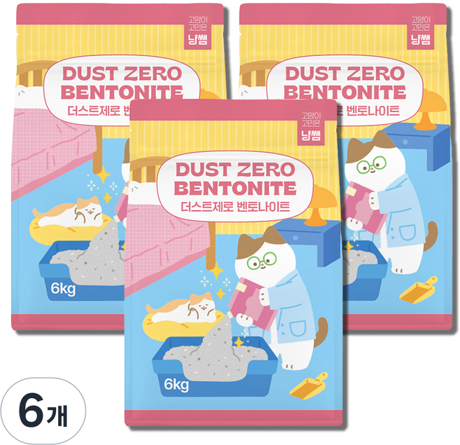 냥쌤 더스트 제로 벤토나이트 베이직 언센티드 고양이 모래, 6kg, 6개, 무향