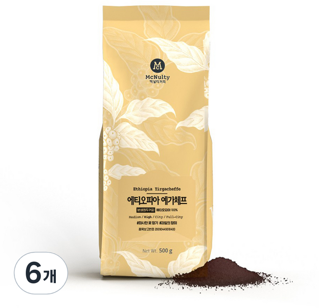 맥널티커피 에티오피아 예가체프 싱글 오리진 분쇄 원두 커피, 에스프레소, 500g, 6개