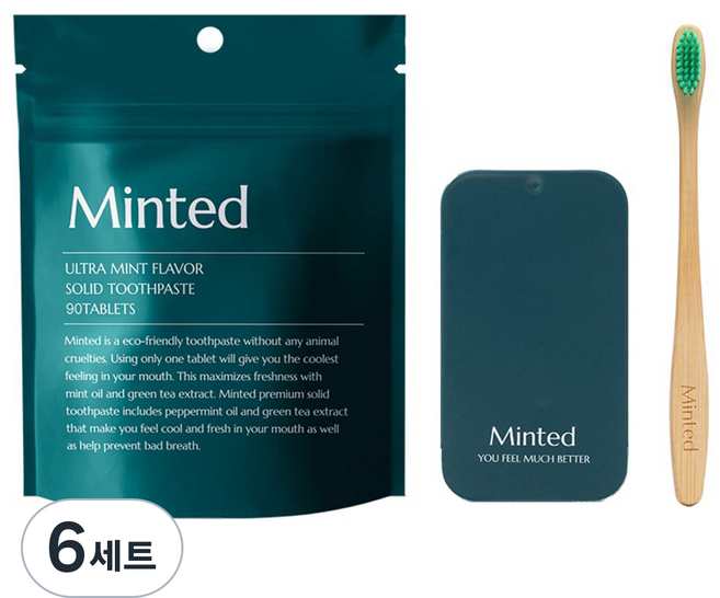 민티드 프리미엄 고체치약 63g + 칫솔 + 더스트백 세트, 6세트