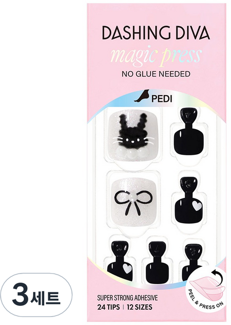 데싱디바 매직프레스 페디 블랙 래빗 세트, 3세트, 블랙 + 실버 + 화이트