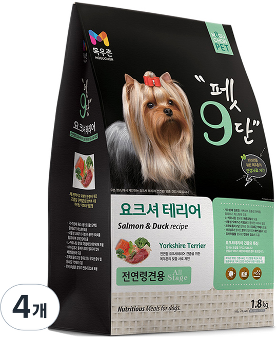 목우촌펫 펫9단 생후 2개월 이상 전연령견용 요크셔테리어 건식사료, 오리, 1.8kg, 4개