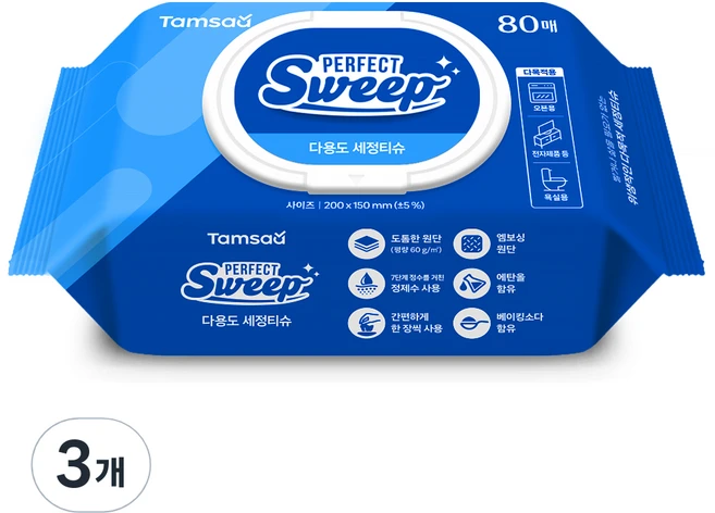 탐사 베이킹소다 함유된 한번에 잘 닦이는 다용도 세정티슈 80매 엠보싱, 3개 - 쿠팡