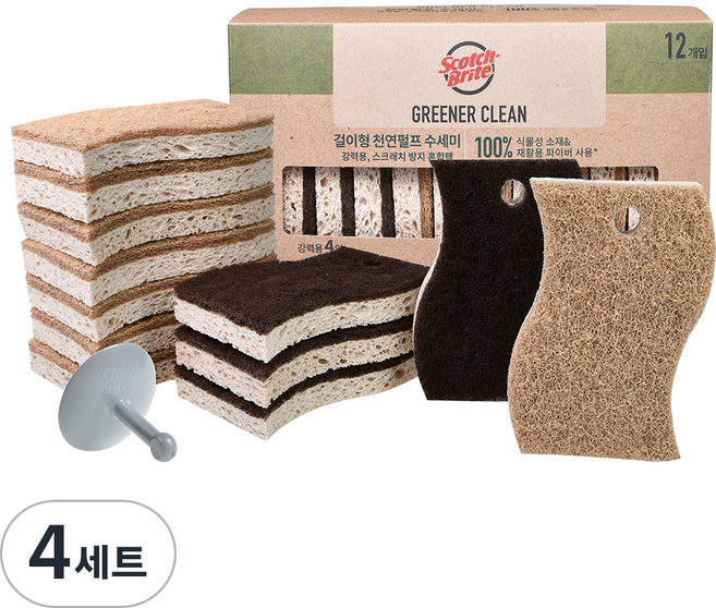 스카치브라이트 그리너클린 플러스 걸이형 천연펄프 수세미 강력용 4p + 스크래치 방지용 8p 세트, 4세트