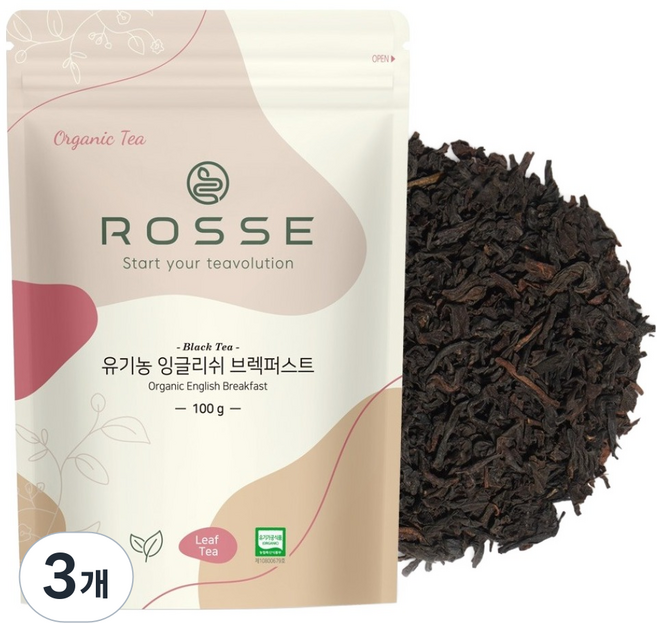 로쎄 유기농 잉글리쉬 브렉퍼스트 티 리필용 파우치, 100g, 1개입, 3개
