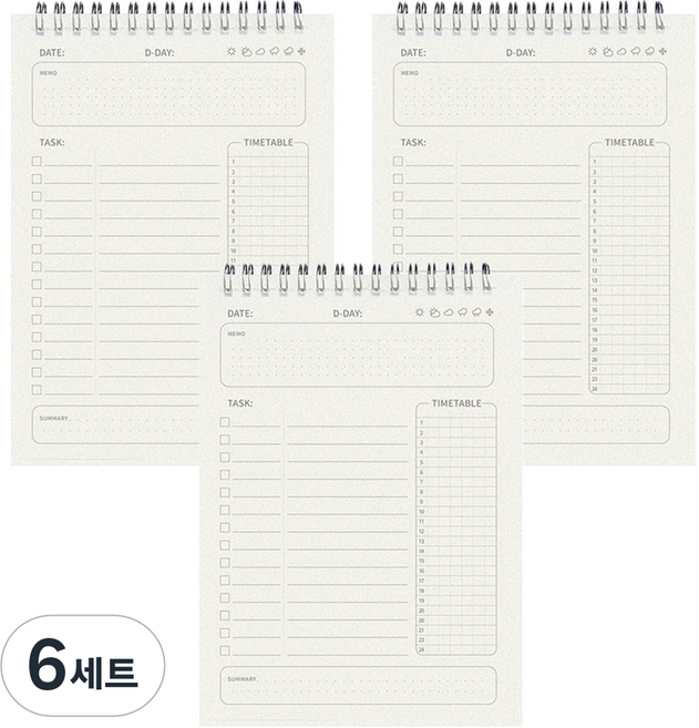 MoNo726 만년 타임테이블 스터디 플래너 다이어리 트래커 3p 세트 4H476, 혼합색상, 6세트