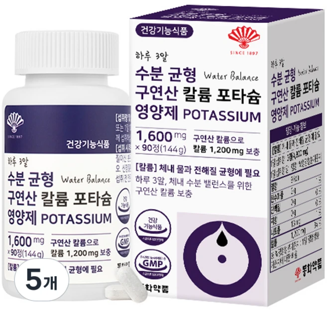 동화약품 하루 3알 수분 균형 구연산 칼륨 포타슘 영양제 144g, 90정, 5개 - 쿠팡