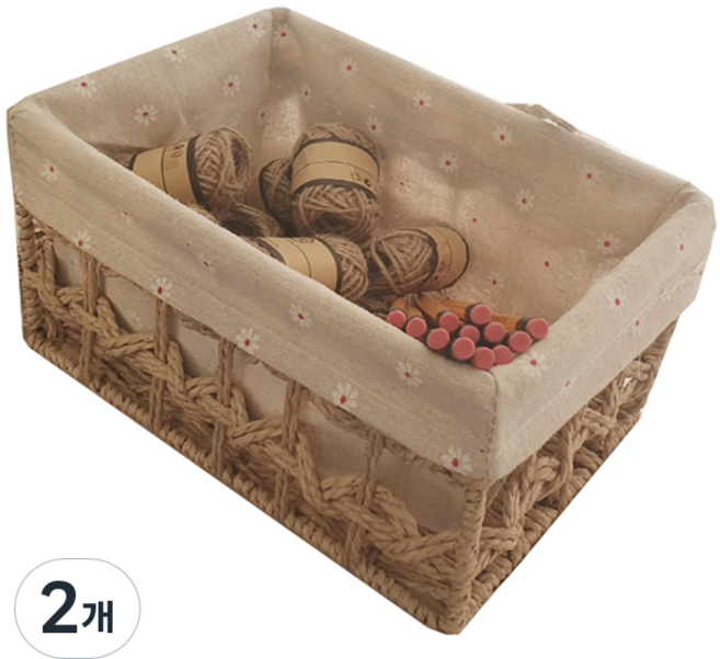 공간안애 커버 꼬임로프 높은 라탄바구니 소형, 네츄럴, 2개