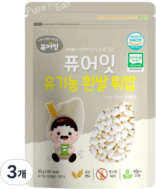 퓨어잇 유기농 흰쌀 튀밥, 50g, 3개 - 쿠팡