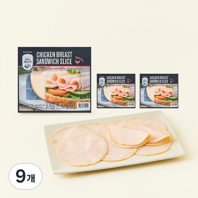 존쿡델리미트 닭가슴살 샌드위치 슬라이스 햄, 100g, 9개