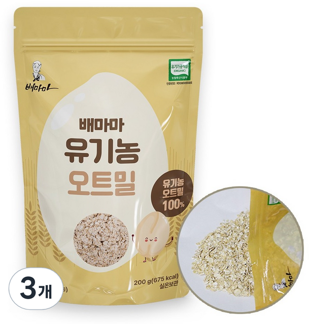 배마마 유기농 압착 귀리 퀵오트밀 이유식, 200g, 3개