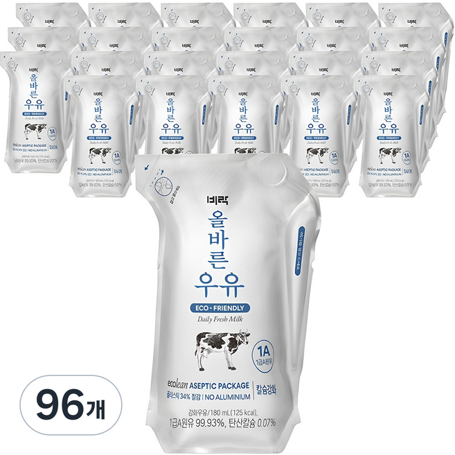 비락 올바른 우유, 180ml, 96개