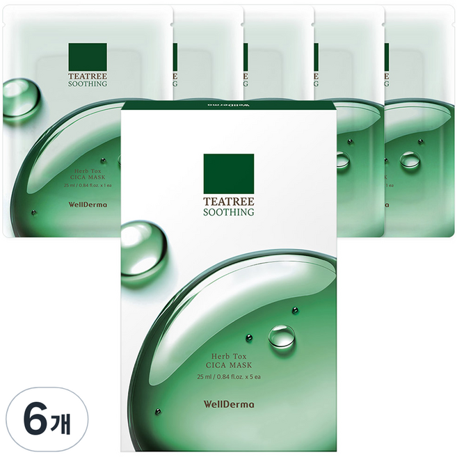 WellDerma 茶樹舒緩草本積雪草鎮靜保濕日常面膜, 6個, 5入