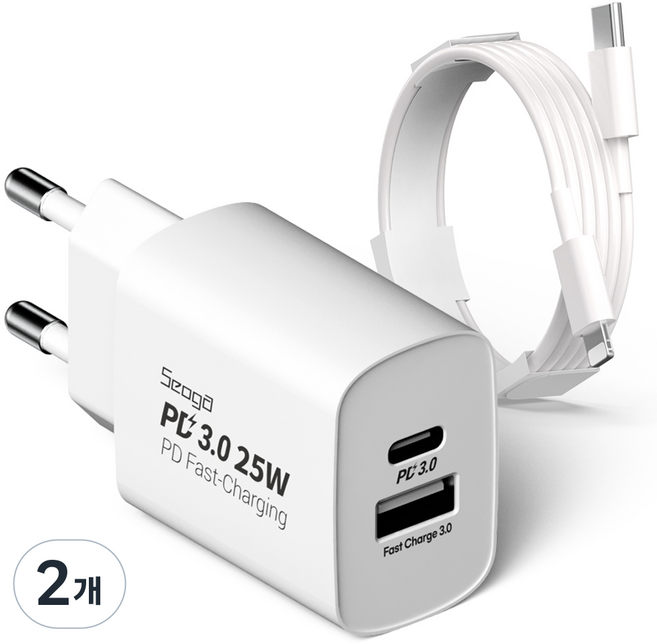 서가 C타입 초고속 충전기 25W PD3.0 PPS 2포트 멀티 + PD C to 라이트닝 8핀 케이블 1m 세트, 화이트, 2개