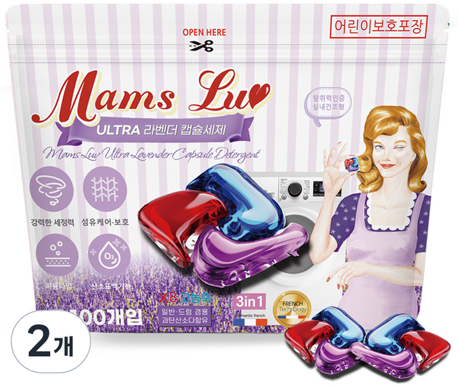 맘스럽 울트라 라벤더 캡슐세제 파우치형 프리미엄 국내생산 특대용량 초고농축 실내건조형 일반겸용, 100개입, 2개