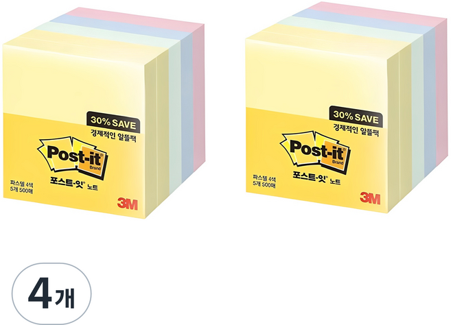 쓰리엠 포스트잇 노트 알뜰팩 654-5A, 혼합색상, 500개입, 4개