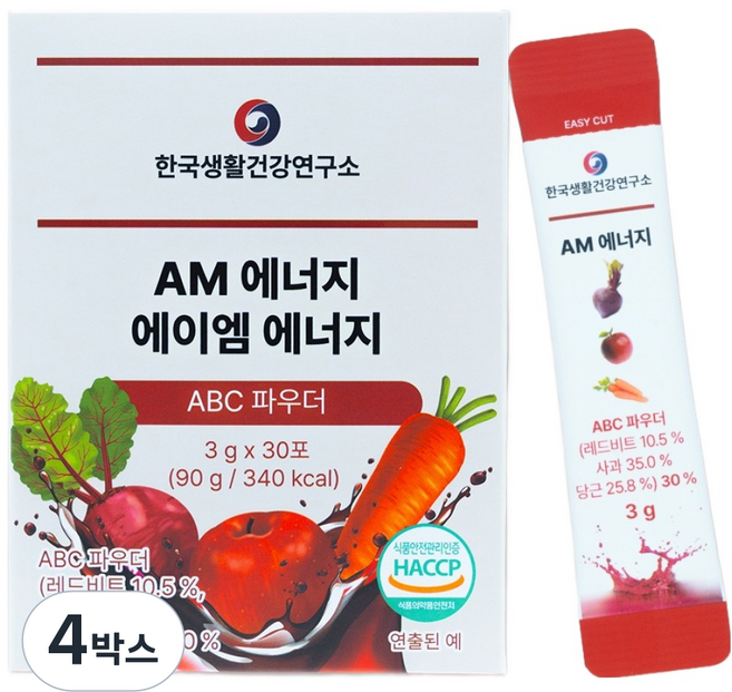 한국생활건강연구소 ABC 파우더 AM에너지 멀티 비타민 B C 믹스베리맛 30p, 4박스, 90g