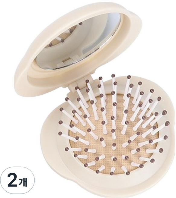 머니풀 접이식 휴대용 미니 미러 헤어브러쉬, 2개, 베이지