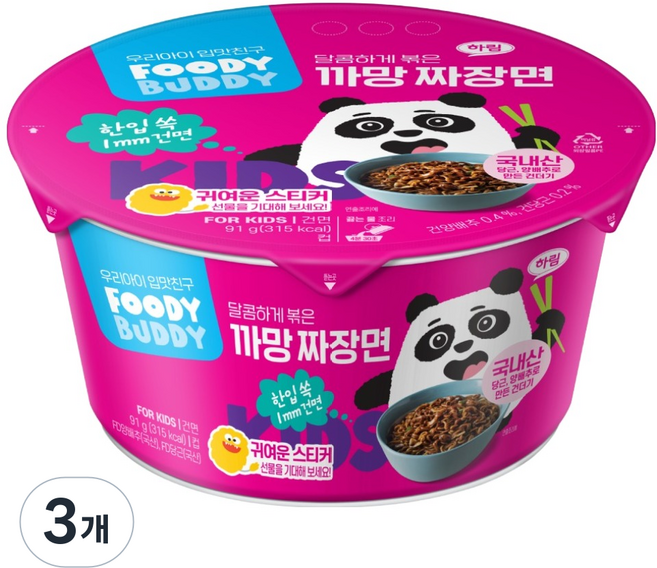 푸디버디 까망짜장면 컵, 91g, 3개