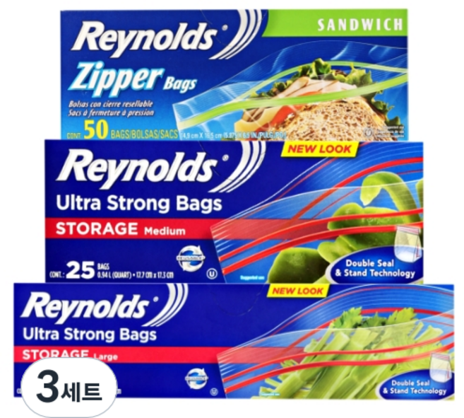 Reynolds 三明治夾鏈袋 小型 50入 + 冷藏用 中型 25入 + 大型 20入 組, 3套, 大(L)