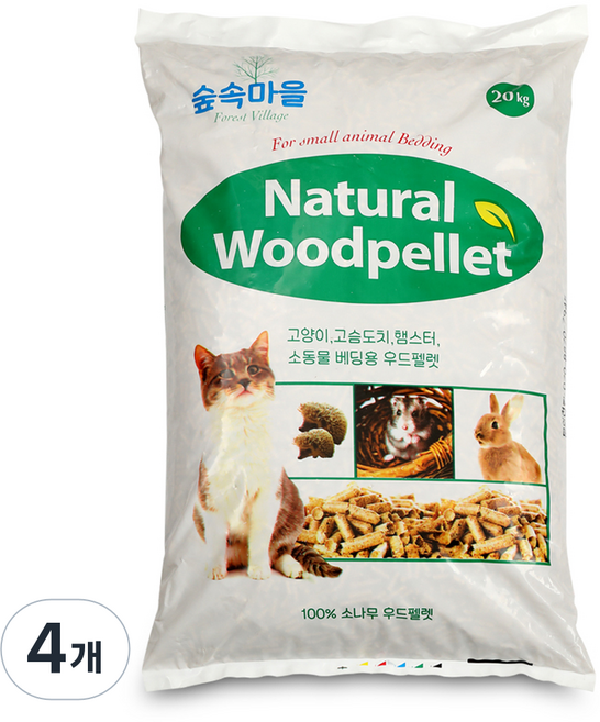 숲속마을 네추럴 우드펠렛 고양이모래, 20kg, 4개, 소나무향
