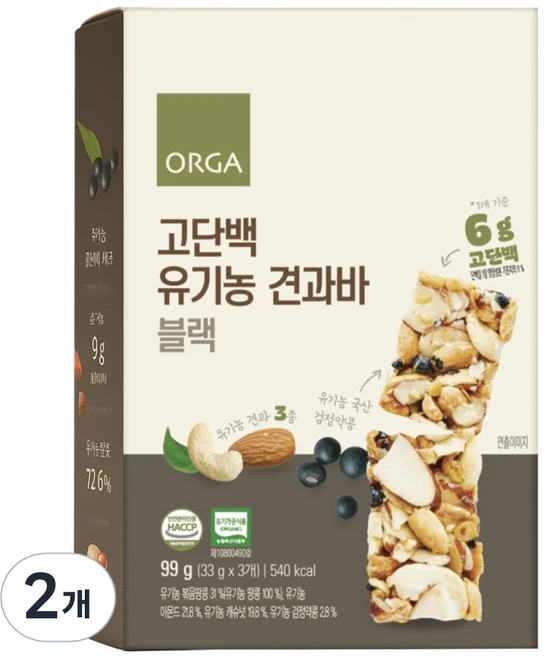 올가홀푸드 고단백 유기농 견과바 블랙, 99g, 2개 - 쿠팡
