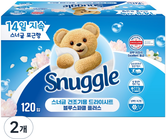 Snuggle 熊寶貝 烘衣機用乾衣紙 Blue Sparkle Plus 清新舒適香氛 正裝, 120入, 2個