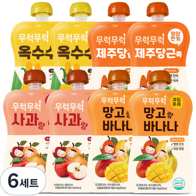 이유케어스 무럭무럭 키즈죽 과일 퓨레 4종 세트, 옥수수, 당근, 사과 + 배 혼합맛, 망고 + 바나나 혼합맛, 6세트