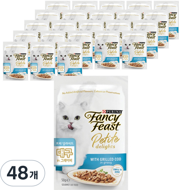 팬시피스트 전연령 고양이 쁘띠딜라이트 습식 주식 파우치, 대구, 50g, 48개