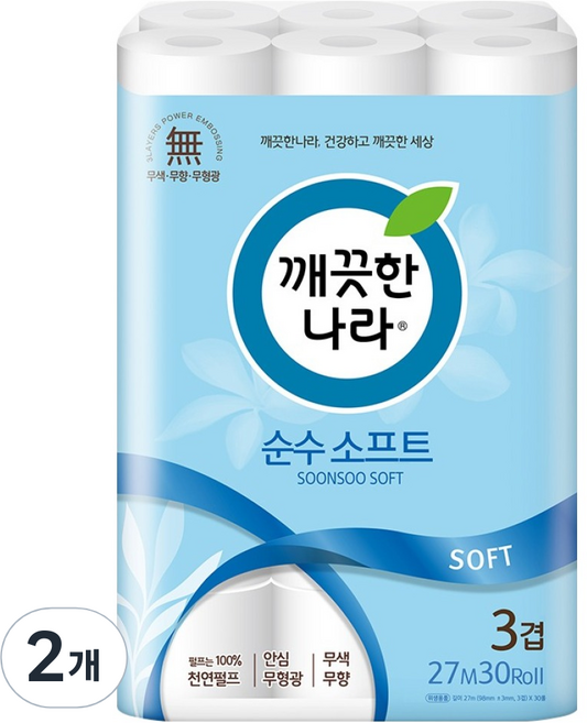 깨끗한나라 순수 소프트 천연펄프 3겹 화장지, 27m, 30롤, 2개