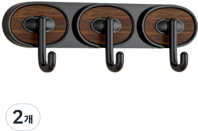 온예리 무타공 접착식 3구 우드 벽걸이 후크, 블랙, 2개