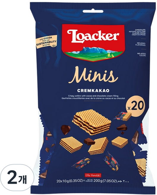 Loacker 萊佳哈斯 迷你奶油可可威化餅, 200g, 2個