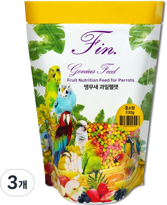 Fin 지니어스 피드 후르츠뉴트리션 과일펠렛 중소형 앵무새 사료, 330g, 3개 - 쿠팡