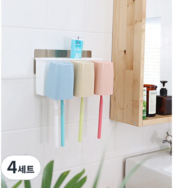 코시나 붙이는 캔디 양치컵 칫솔꽂이 세트, 혼합 색상, 4세트