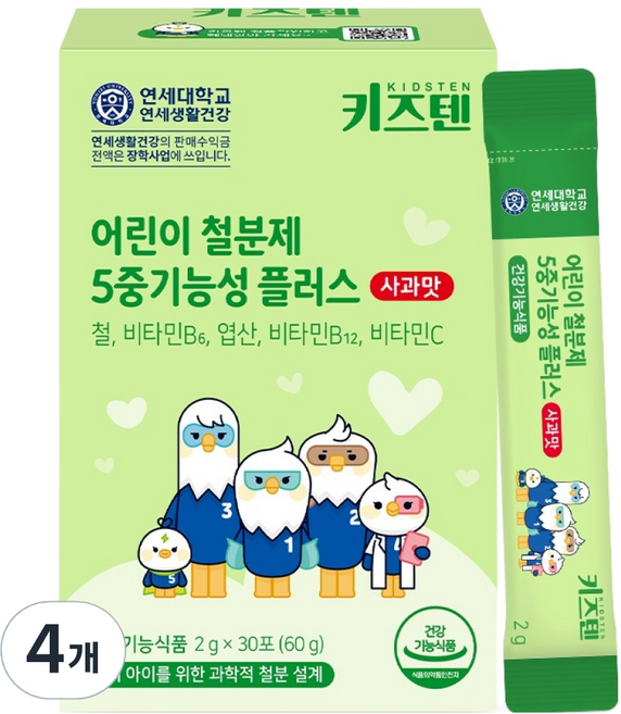 키즈텐 어린이 5중기능성 플러스 철분제 사과맛, 60g, 4개