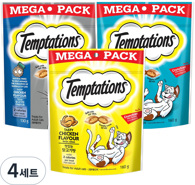 템테이션 고양이 메가팩 스낵 3종 세트, 맛있는 닭고기맛, 4세트, 450g