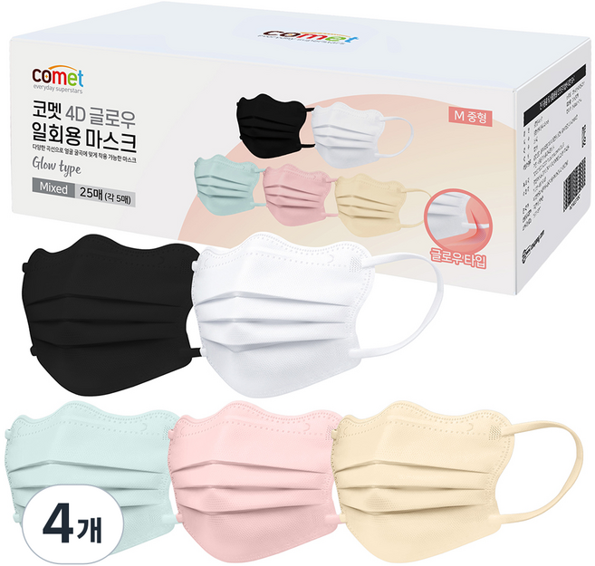 코멧 날카롭고 각진 얼굴형을 보완 해주는 4D 글로우 일회용 마스크 개별포장 중형, 1개입, 100개, 화이트, 블랙, 베이지, 블루, 핑크
