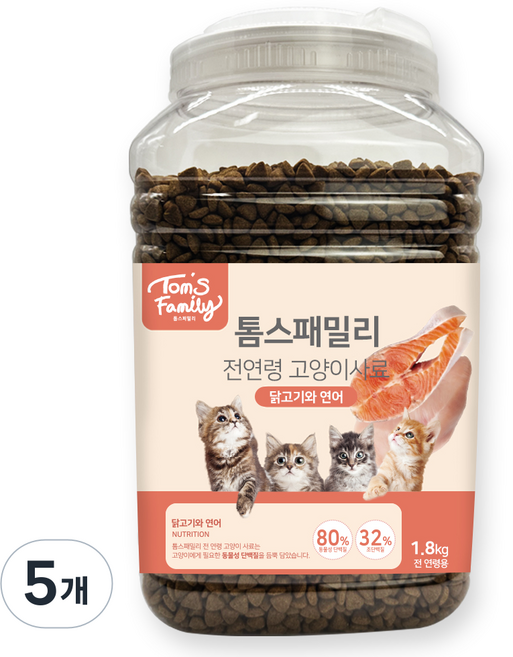 톰스패밀리 전연령 고양이사료, 닭+연어, 1.8kg, 5개