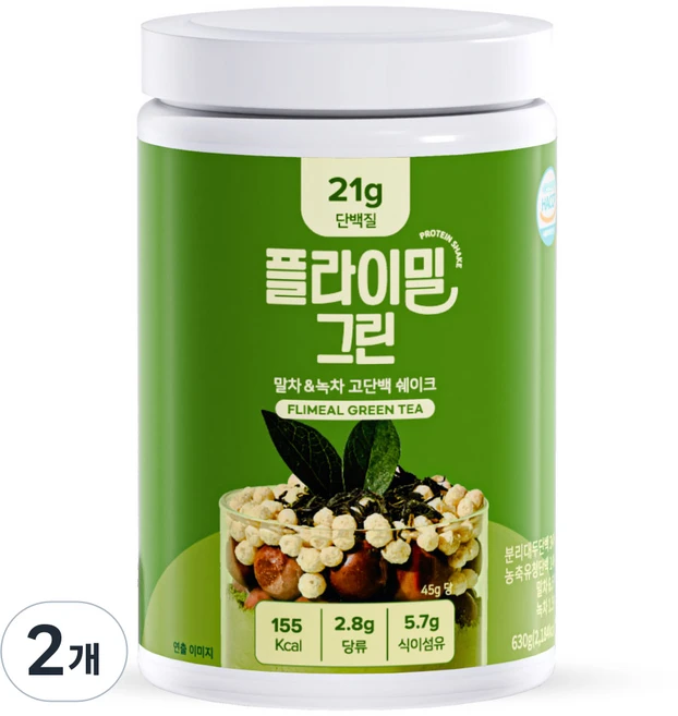 플라이밀 말차앤녹차 고단백 쉐이크, 630g, 2개 - 쿠팡