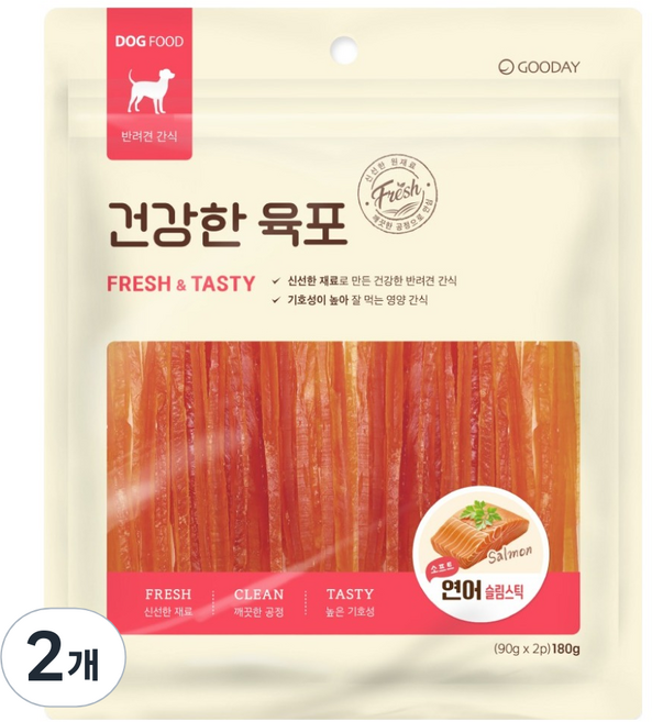 굿데이 강아지 간식 건강한육포 소프트 슬림스틱, 연어, 180g, 2개