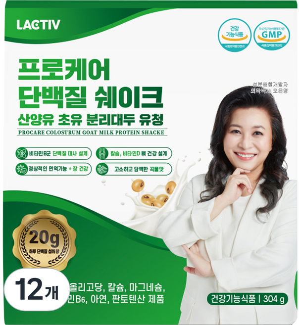 락티브 프로케어 단백질 쉐이크 산양유 초유 분리대두 유청, 304g, 12개